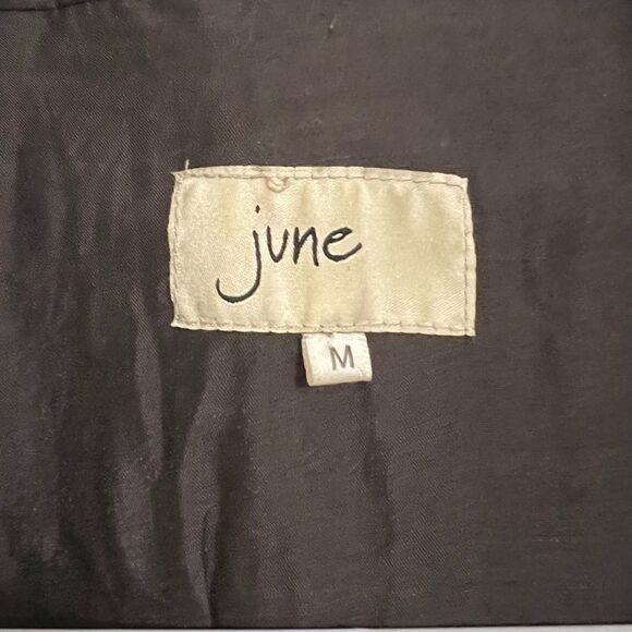 June Brown Leather Biker Moto Jacket Coat Wool Blend Knit Sleeve Size M - Picture 5 of 15